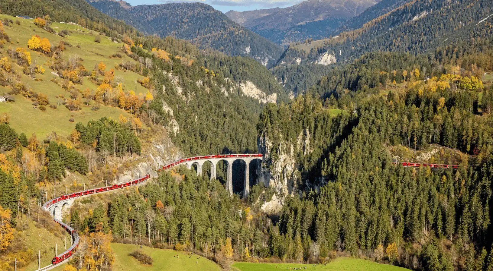 Iconic red train crossing a curved viaduct bridge over a forested valley in autumn, representing unforgettable journeys from the Best place to buy swiss travel pass.