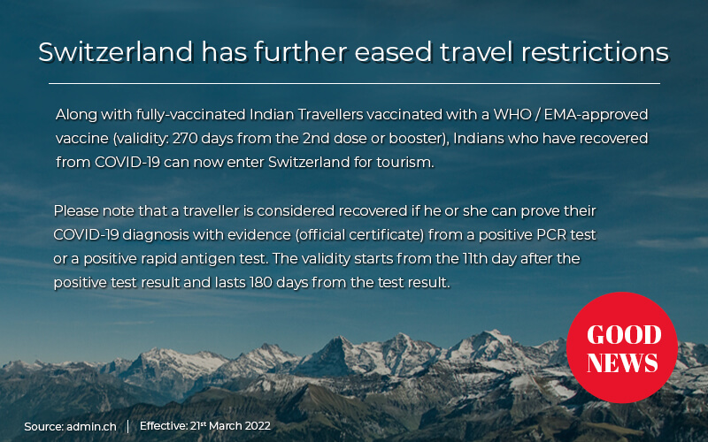 Switzerland announces no covid tests for fully vaccinated travellers from 22nd January 2022